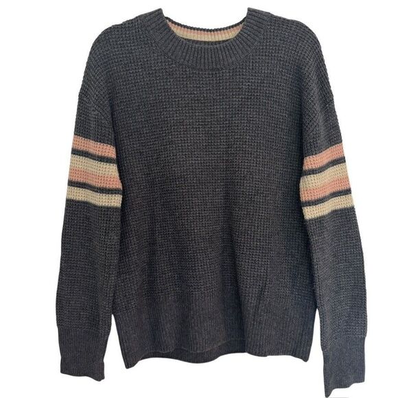 Faherty MEDIUM Wool Blend Gray Knit Sweater Crewneck Striped Pink Sleeve Comfy - Picture 1 of 7